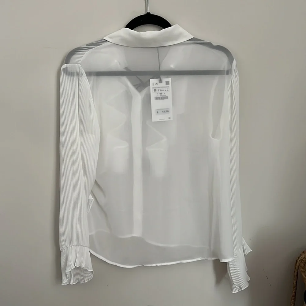 Zara White Tie Neck Blouse - Picture 2 of 3